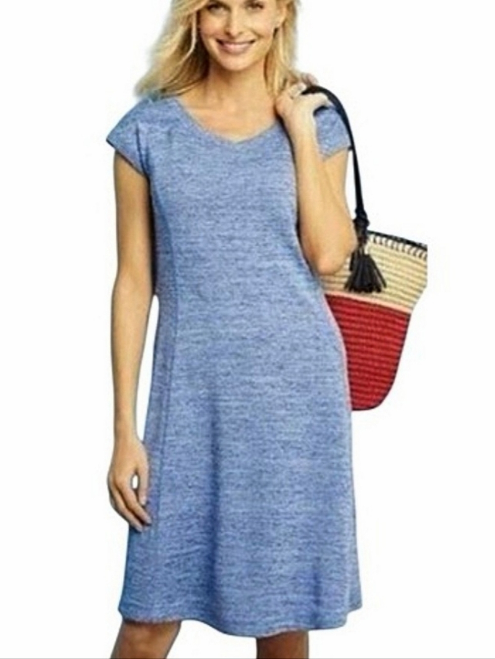 T by Talbots Heathered Knit V Neck Fit and Flare Dress Plus Sz 1X Blue Like New